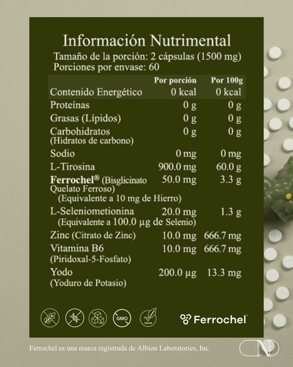 Tyrox ® – Apoyo Avanzado para Tiroides Fórmula con L-Tirosina, Selenio, Hierro y Yodo NYOS